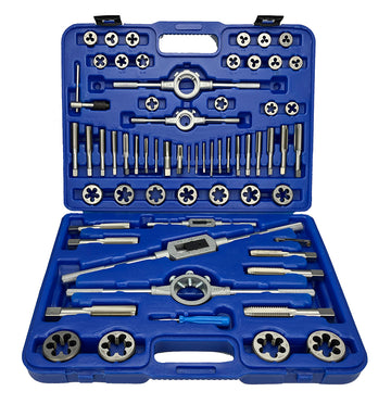 64 Piece NC NF HSS Round Tap and Die Set (#4 - 1) with 1 - 2 OD Round Dies and Handles