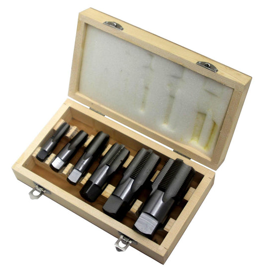 6 Piece Carbon Steel NPT Pipe Tap Set (1/4" 3/8" 1/2" 3/4" 1" and 1-1/4" in Wooden Case)