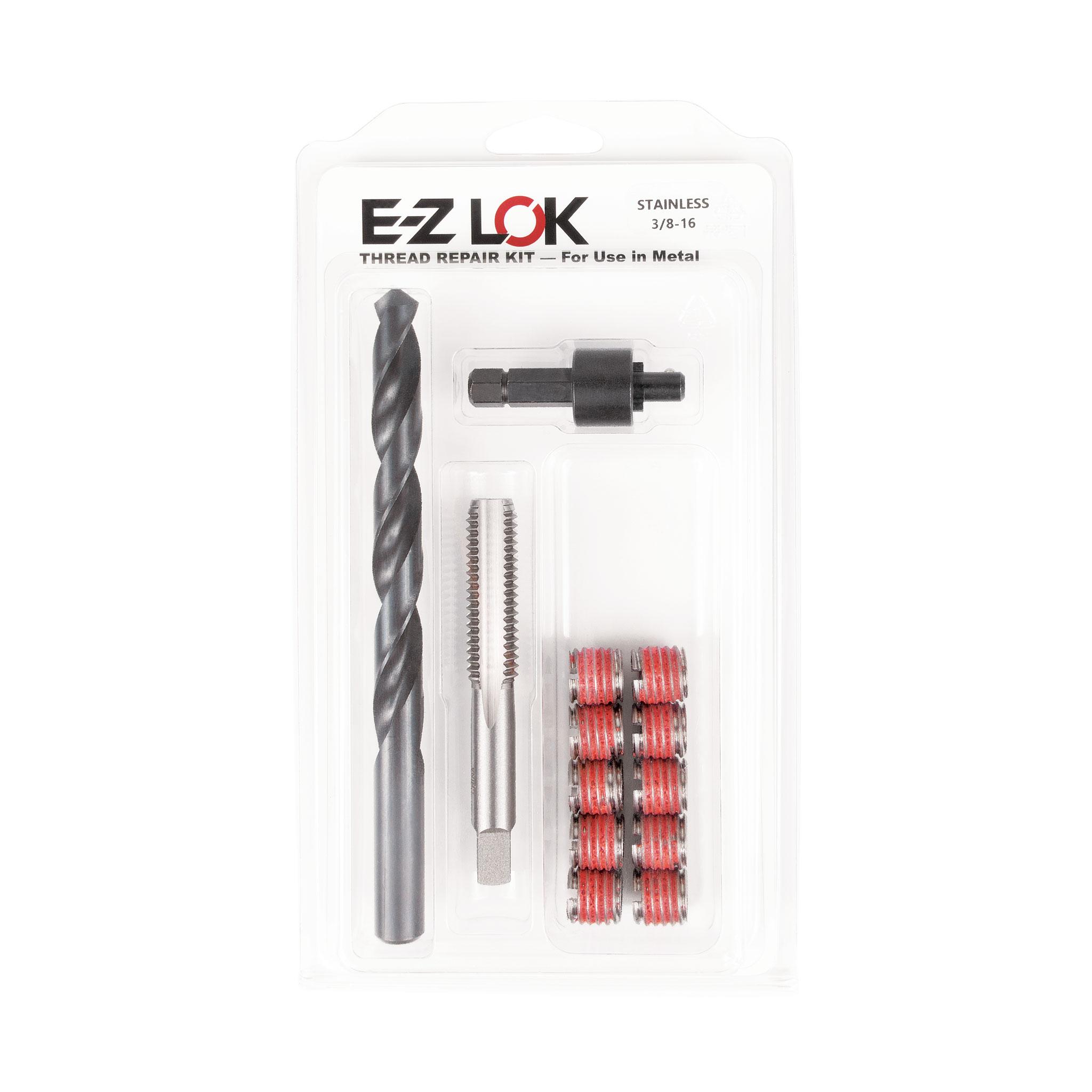 3/8"-16 x 9/16"-12 Stainless Steel Solid Wall Threaded Insert W/Red Loctite Standard Repair Kit with Inserts, Drill Bit, Tap, and Install Tool