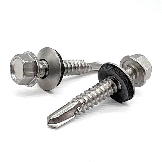 1/4"-14x2" 410 Stainless Steel Unslotted Hex Washer Head #3 Point Self Drilling Screws w/ Bonded Washers