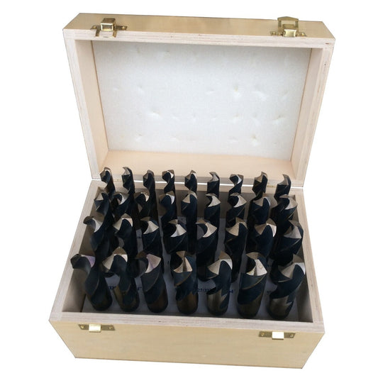 33 Piece HSS Black & Gold Drill Bit Set with Reduced 1/2" 3-Flat Shank, 1/2" - 1", Wood Case