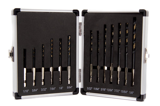 13 Piece Quick Change Hex Shank Drill Bit Set 1/16" - 1/4" Plastic Case