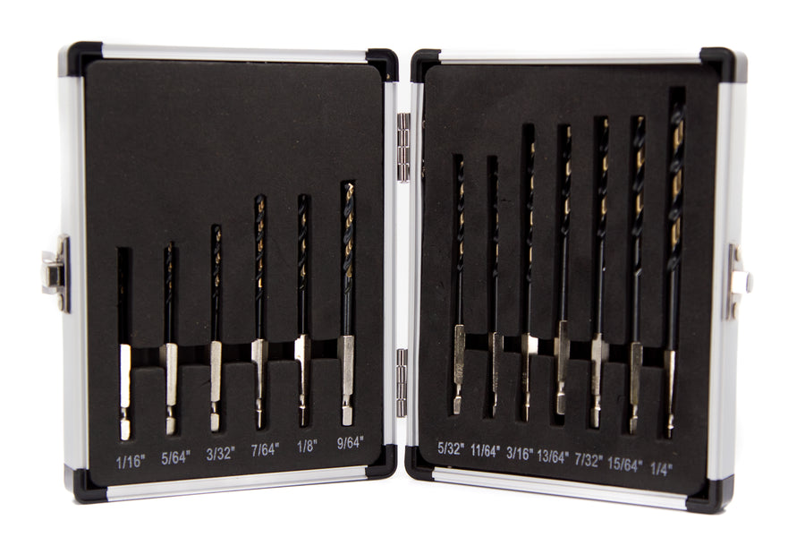 13 Piece Quick Change Hex Shank Drill Bit Set 1/16" - 1/4" Plastic Case