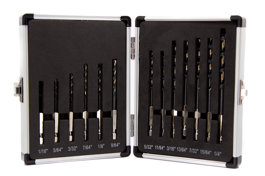 13 Piece Quick Change Hex Shank Drill Bit Set 1/16" - 1/4" Plastic Case