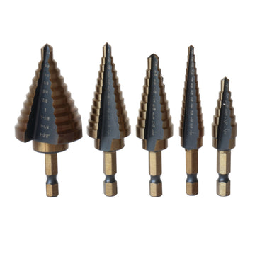 5 Piece HSS Black & Gold Quick Change Hex Shank Step Drill Bit Set (Sizes #1 to #5