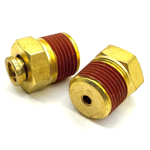 1/8" Tube to 1/4" NPT Straight Male Pipe Connector, Brass D.O.T. Push to Connect Air Brake Fitting with Red Acrylic Thread Sealant