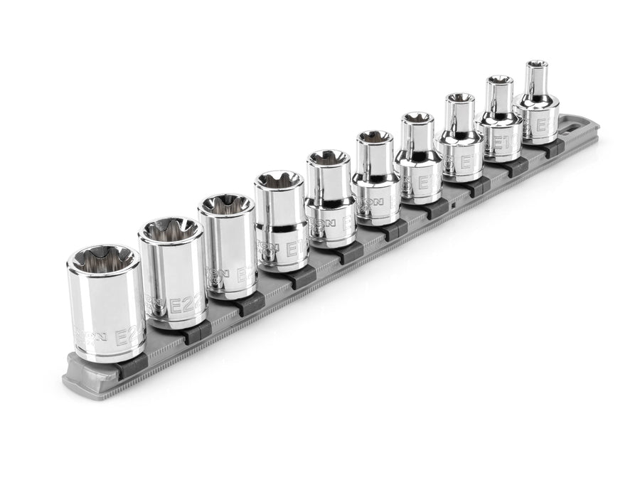 1/2 Inch Drive Shallow External Star Socket Set with Rail, 10-Piece (E8 - E24)