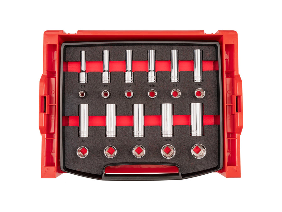 1/2 Inch Drive Shallow and Deep 6-Point Socket Set with Open Top Drawer and Rack, 22-Piece (3/8 - 1 in.)