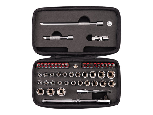 1/4 Inch Drive 6-Point Small Engine Shallow Socket, Bit, and Non-Quick-Release Ratchet Set with Case (50-Piece)