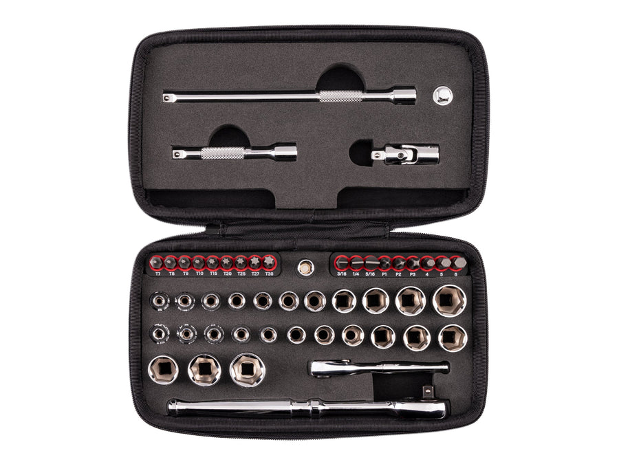 1/4 Inch Drive 6-Point Small Engine Shallow Socket, Bit, and Non-Quick-Release Ratchet Set with Case (50-Piece)