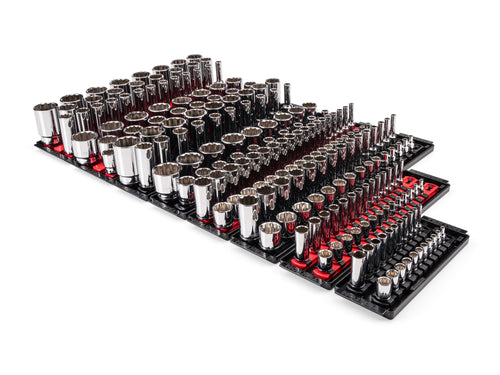 1/4, 3/8, 1/2 Inch Drive Shallow and Deep 12-Point Socket Set with Rails and Trays (214-Piece)