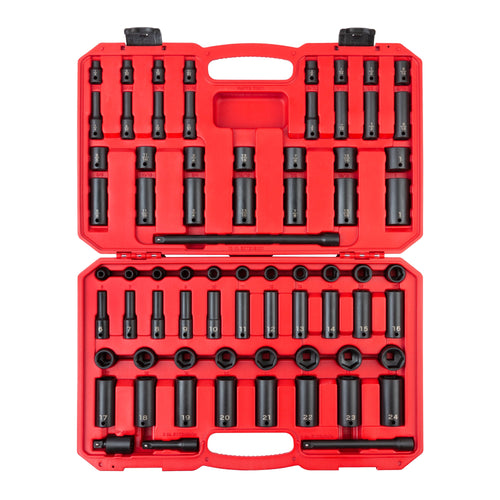 3/8 Inch Drive Shallow and Deep 6-Point Impact Socket Set with Case, 72-Piece (1/4 - 1 in., 6 - 24 mm)