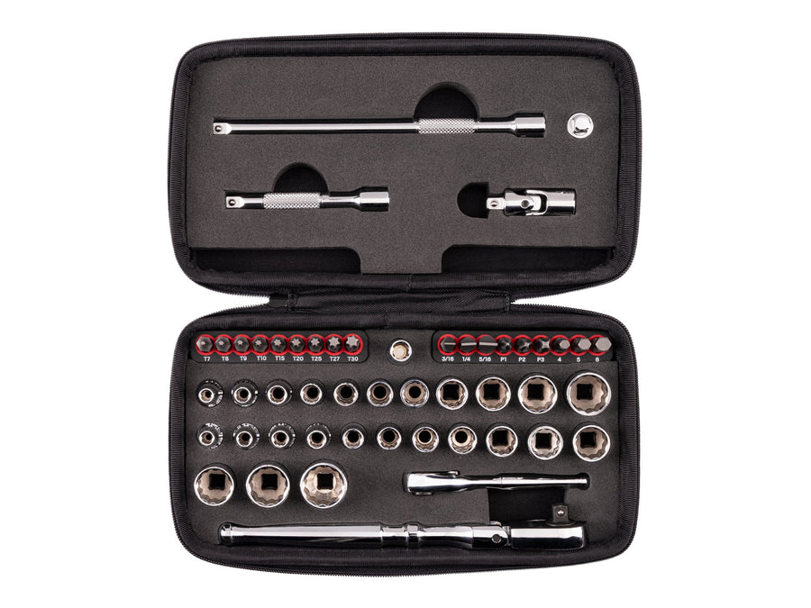 1/4 Inch Drive 12-Point Small Engine Shallow Socket, Bit and Flex Head Quick-Release Ratchet Set with Case (50-Piece)