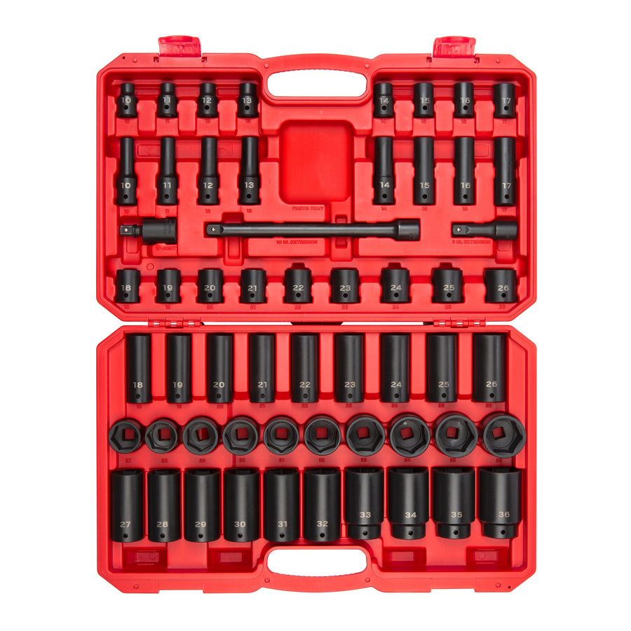 1/2 Inch Drive Shallow and Deep 6-Point Impact Socket Set with Case, 57-Piece (10 - 36 mm)