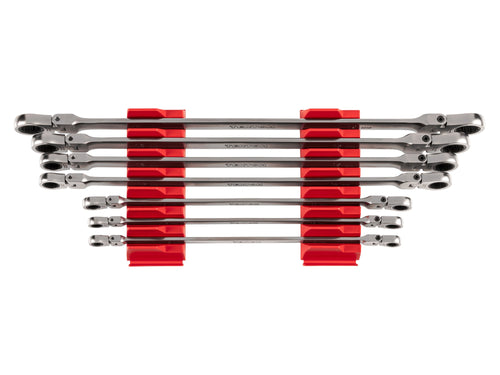 Long Flex Head 12-Point Ratcheting Box End Wrench Set with Modular Organizers, 7-Piece (6-19 mm)
