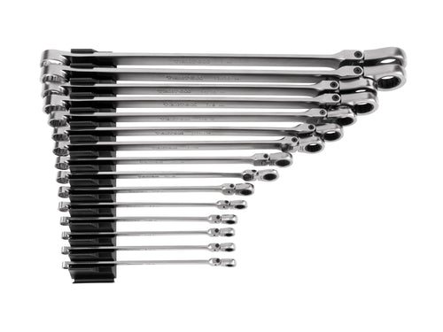 Long Fixed/Flex Head 12-Point Ratcheting Box End Wrench Set with Modular Organizers, 15-Piece (1/4-1 in.)