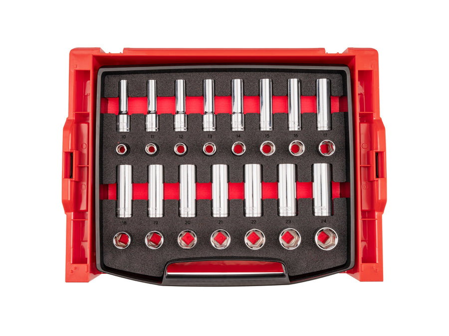 1/2 Inch Drive Shallow and Deep 6-Point Socket Set with Open Top Drawer and Rack, 30-Piece (10 - 24 mm)