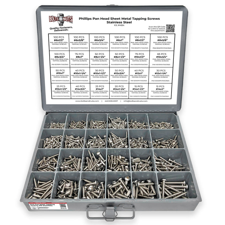 316 Stainless Phillips Pan Head Sheet Metal Self Tapping Screws Assortment - 1396 PCS
