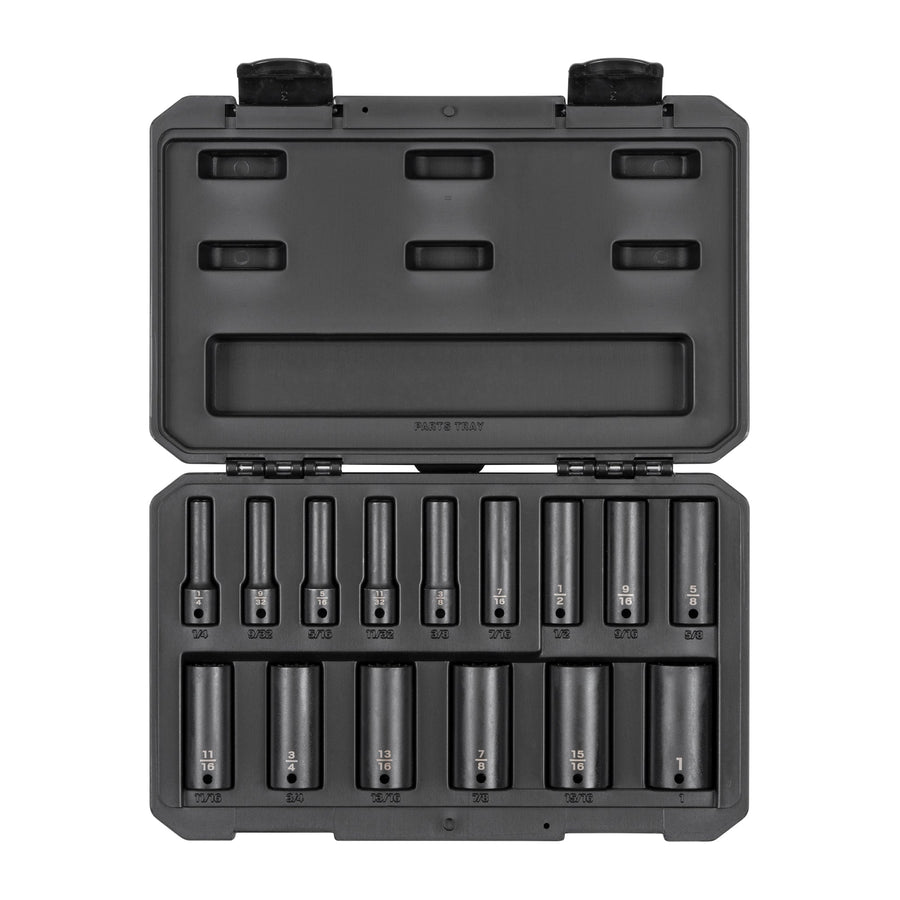 3/8 Inch Drive Deep 12-Point Impact Socket Set with Case, 15-Piece (1/4 - 1 in.)