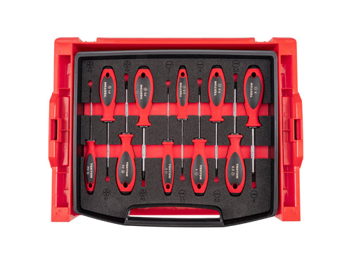 Phillips and Slotted Screwdriver Set with Open Top Drawer and Rack - 4 Inch Shanks, 10-Piece (#0 - #3, 3 - 8 mm)