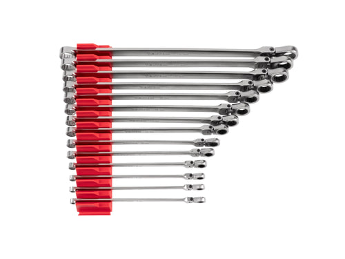 Long Fixed/Flex Head 12-Point Ratcheting Box End Wrench Set with Modular Organizers, 14-Piece (6-19 mm)