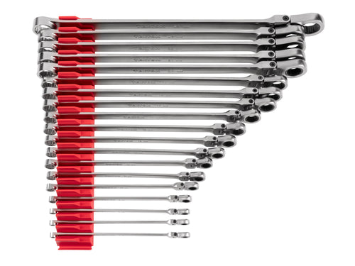 Long Fixed/Flex Head 12-Point Ratcheting Box End Wrench Set with Modular Organizers, 19-Piece (6-24 mm)