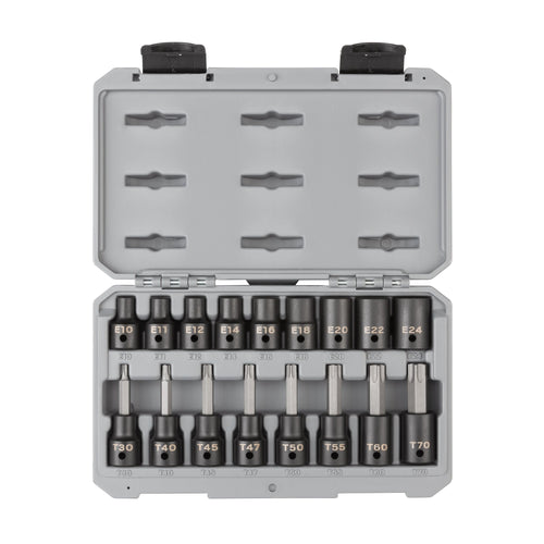 1/2 Inch Drive Torx and Shallow External Star Impact Socket Set with Case, 17-Piece (T30 - T70, E10 - E24)