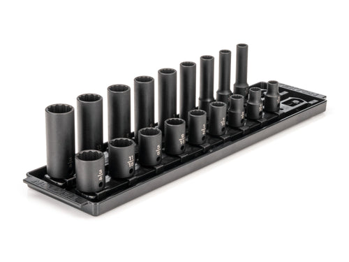 3/8 Inch Drive Shallow and Deep 12-Point Impact Socket Set with Rails and Tray, 18-Piece (5/16 - 3/4 in.)