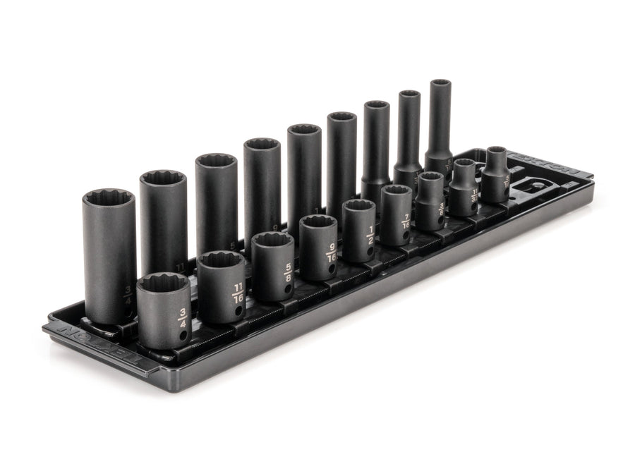 3/8 Inch Drive Shallow and Deep 12-Point Impact Socket Set with Rails and Tray, 18-Piece (5/16 - 3/4 in.)