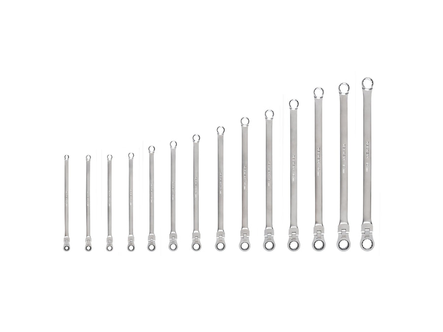 Long Fixed/Flex Head 12-Point Ratcheting Box End Wrench Set, 14-Piece (6-19 mm)