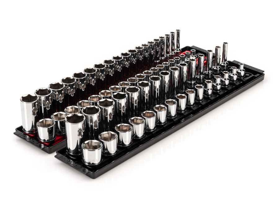 3/8 Inch Drive Shallow and Deep 6-Point Socket Set with Rails and Trays, 68-Piece (1/4 - 1 in., 6 - 24 mm)