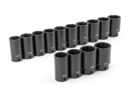 1/2 Inch Drive Deep 6-Point and 12-Point Axle Nut Impact Socket Set, 14-Piece (27 - 39 mm)