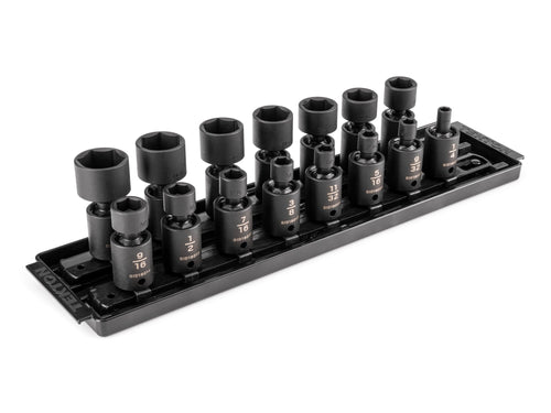 3/8 Inch Drive Shallow 6-Point Universal Joint Impact Socket Set with Rails and Tray, 15-Piece (1/4 - 1 in.)