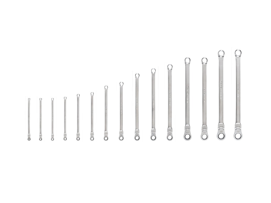 Long Fixed/Flex Head 12-Point Ratcheting Box End Wrench Set, 15-Piece (1/4-1 in.)