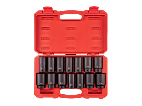 1/2 Inch Drive Deep 6-Point and 12-Point Axle Nut Impact Socket Set with Case, 14-Piece (27 - 39 mm)