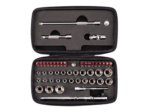 1/4 Inch Drive 6-Point Small Engine Shallow Socket, Bit, and Flex Head Quick-Release Ratchet Set with Case (50-Piece)