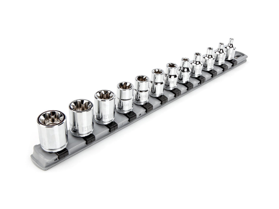 3/8 Inch Drive Shallow External Star Socket Set with Rail, 12-Piece (E4 - E20)